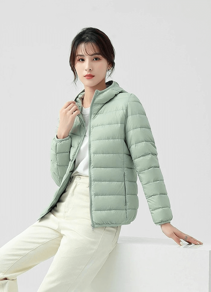 Stylish women's down jacket with hood in mint green, lightweight, windproof, waterproof, for outdoor comfort and warmth, SF0108.